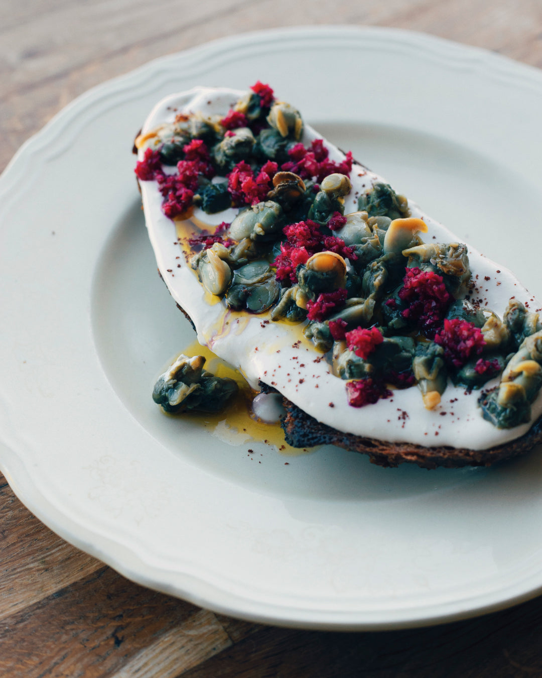 Noosh toast with cockles, lemon tahini & pickled beetroot