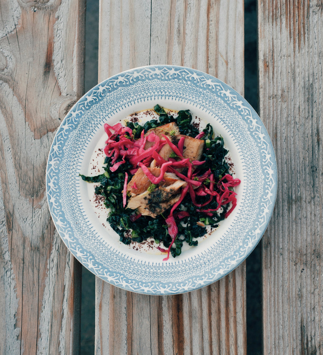 Trout salad with pickled cabbage, kale and tahini