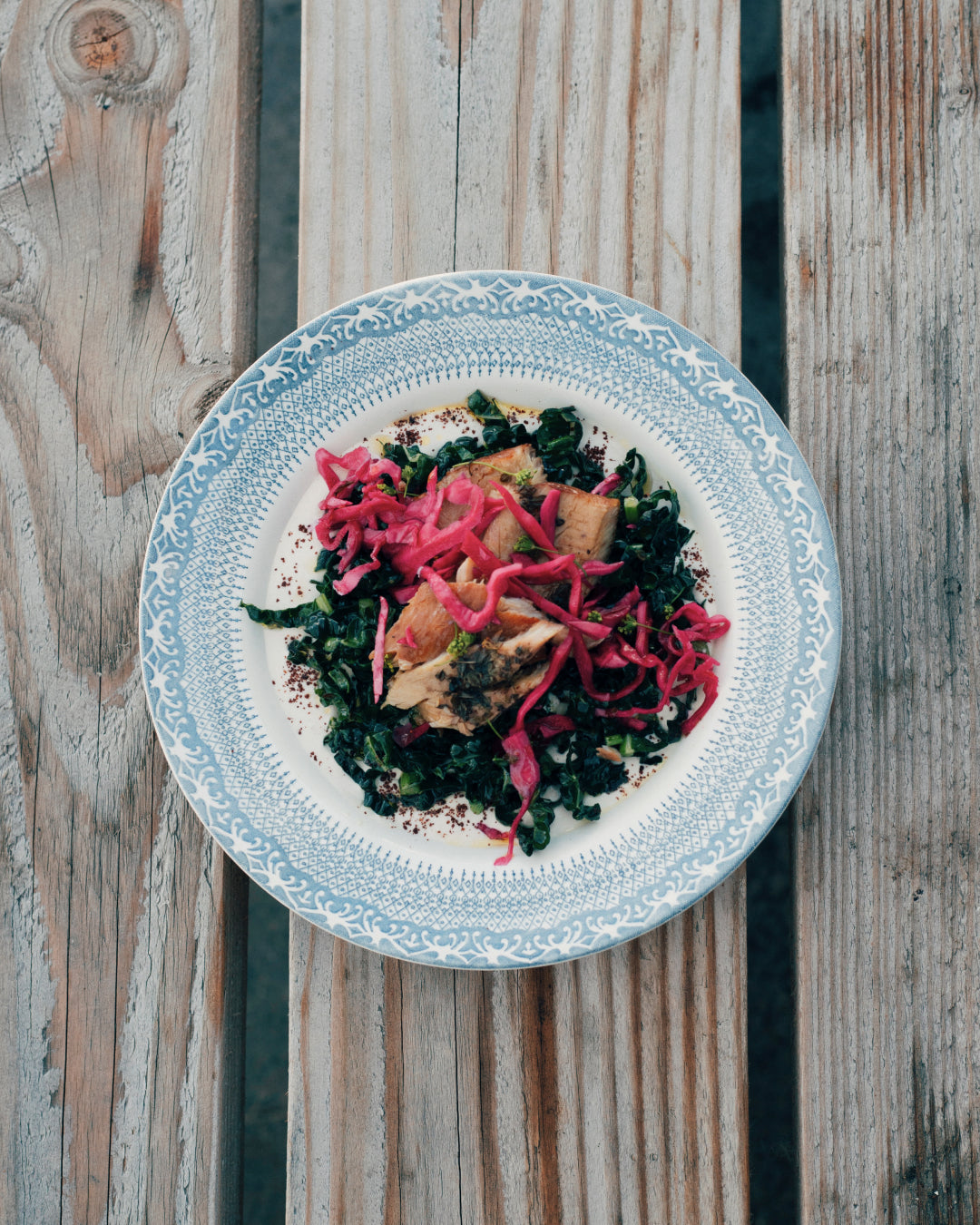 Trout salad with pickled cabbage, kale and tahini