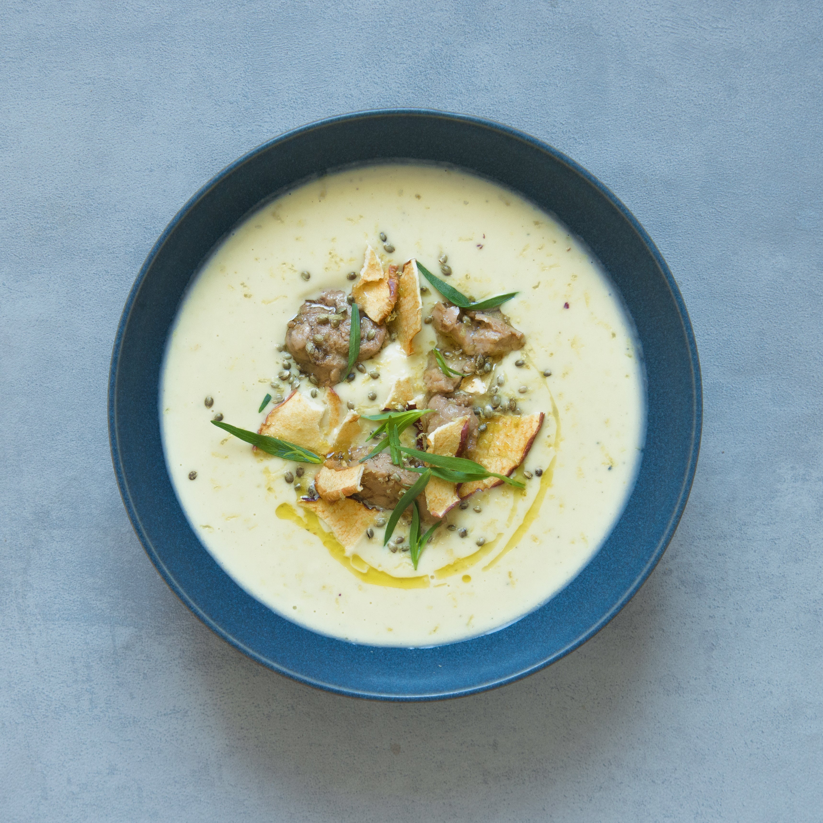 Celeriac soup with smoked cod liver